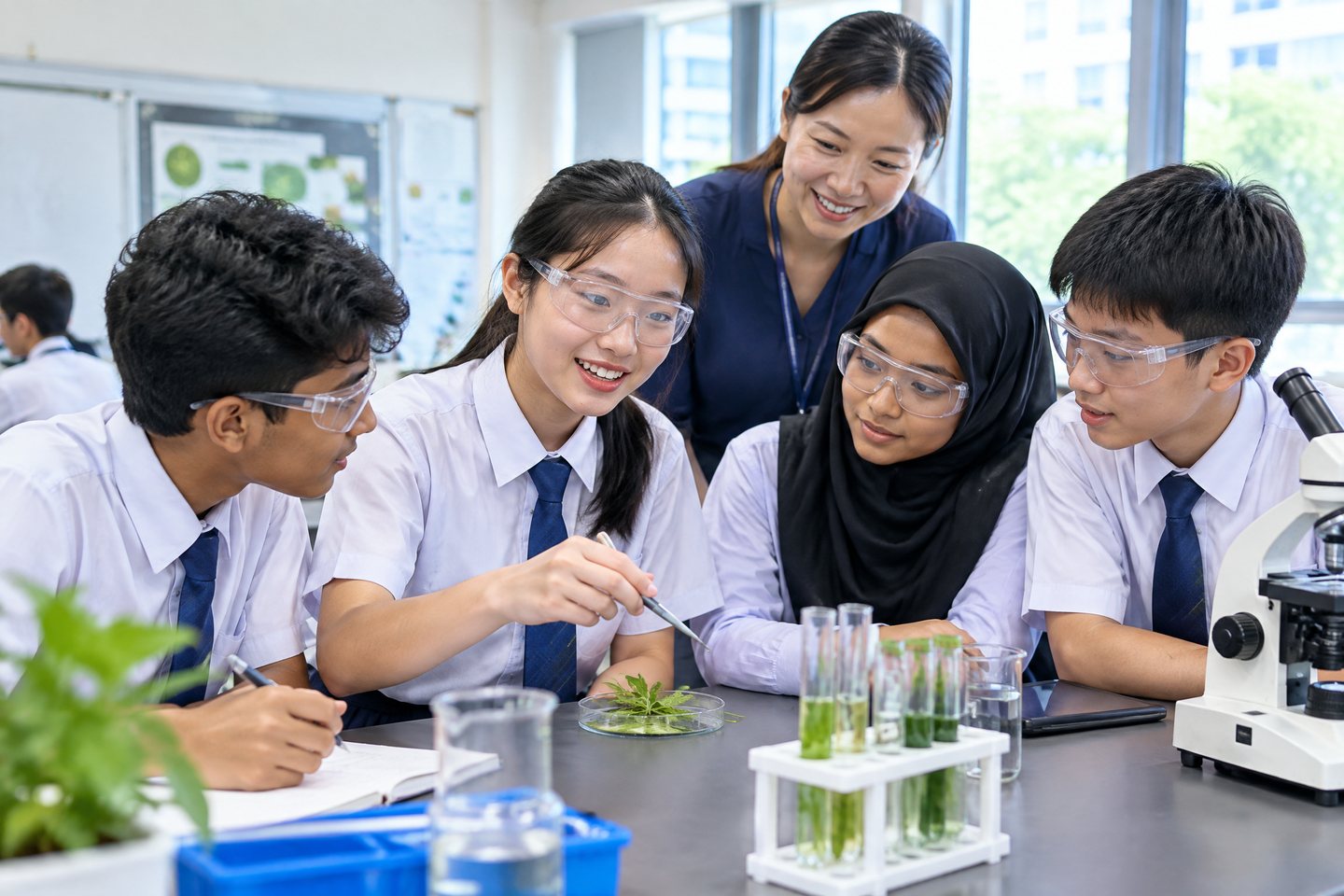 学生在新加坡科学实验室进行分组实验