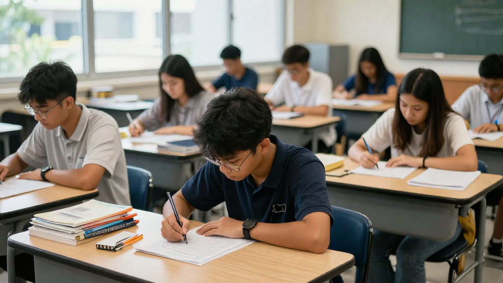 O-Level国际学生在教室填写报名表格